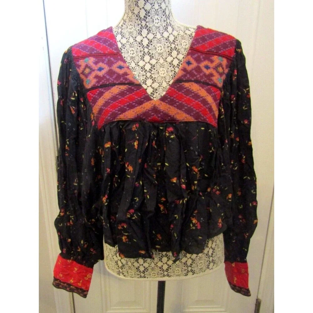 Free People Lady Lou Peasant Blouse Embroidered High Low V Neck Top Floral M